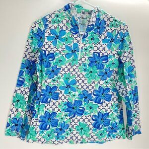 Ibkul Pullover Sun Protectant Mock Neck Long Sleeve Blue Green Floral Size Small